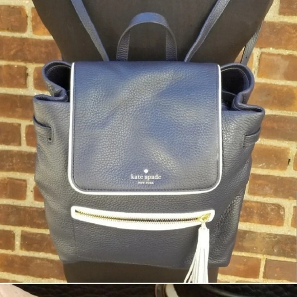 Kate Spade Navy blue pebbled leather backpack with white trim NWOT main image 4